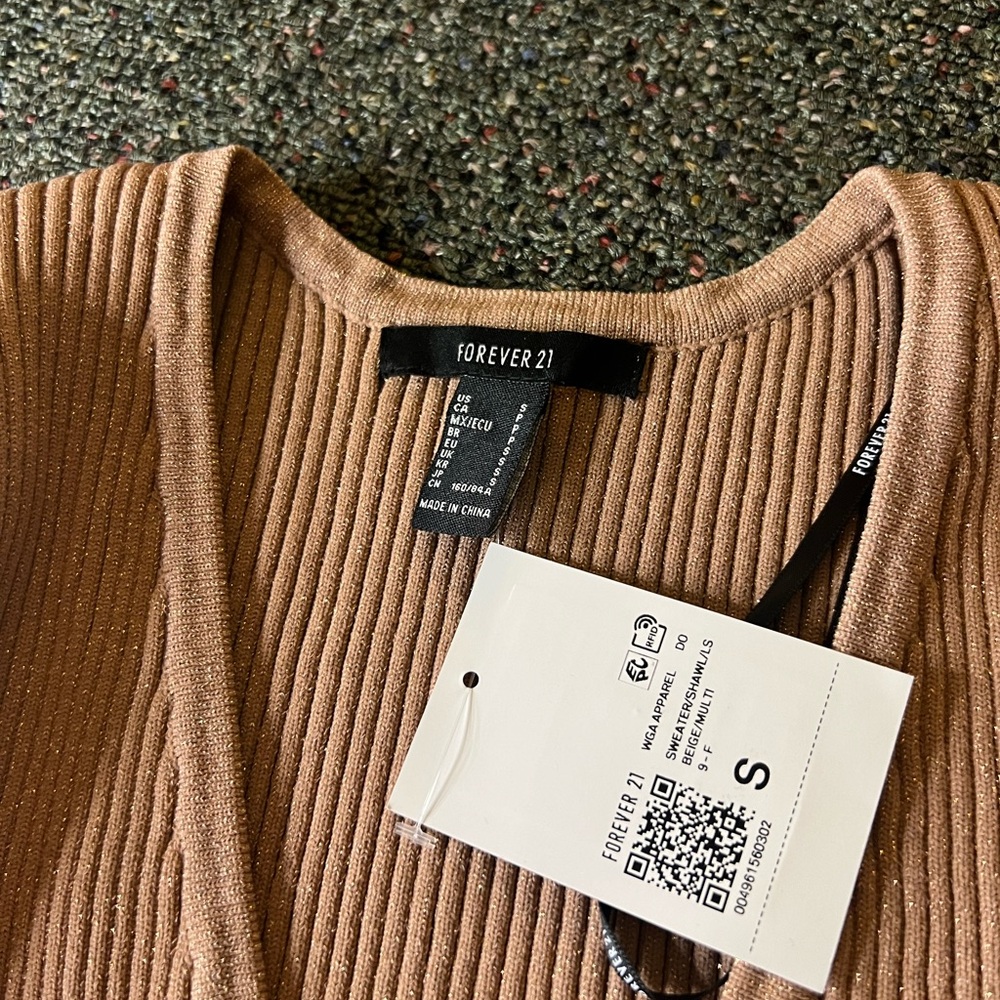 FOREVER21 NWT Beige Sparkly Ribbed Cropped Cardigan Knit Sweater Shrug Shirt S - Picture 15 of 16